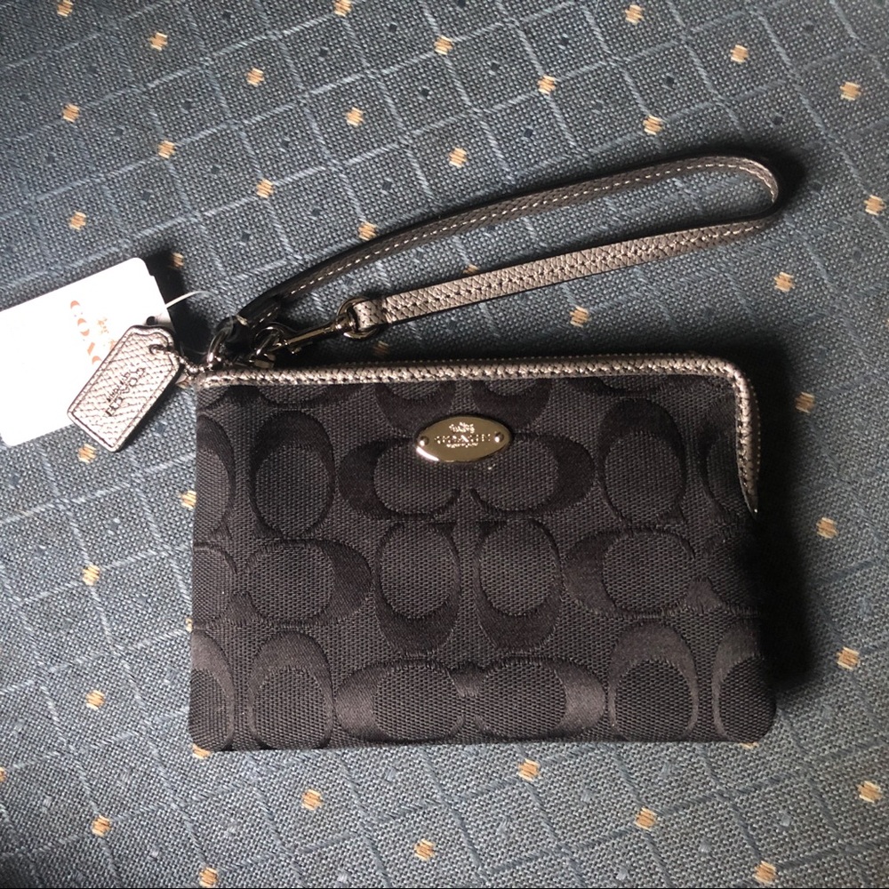 Black Fabric Coach Logo Wristlet Pouch Embroidered
